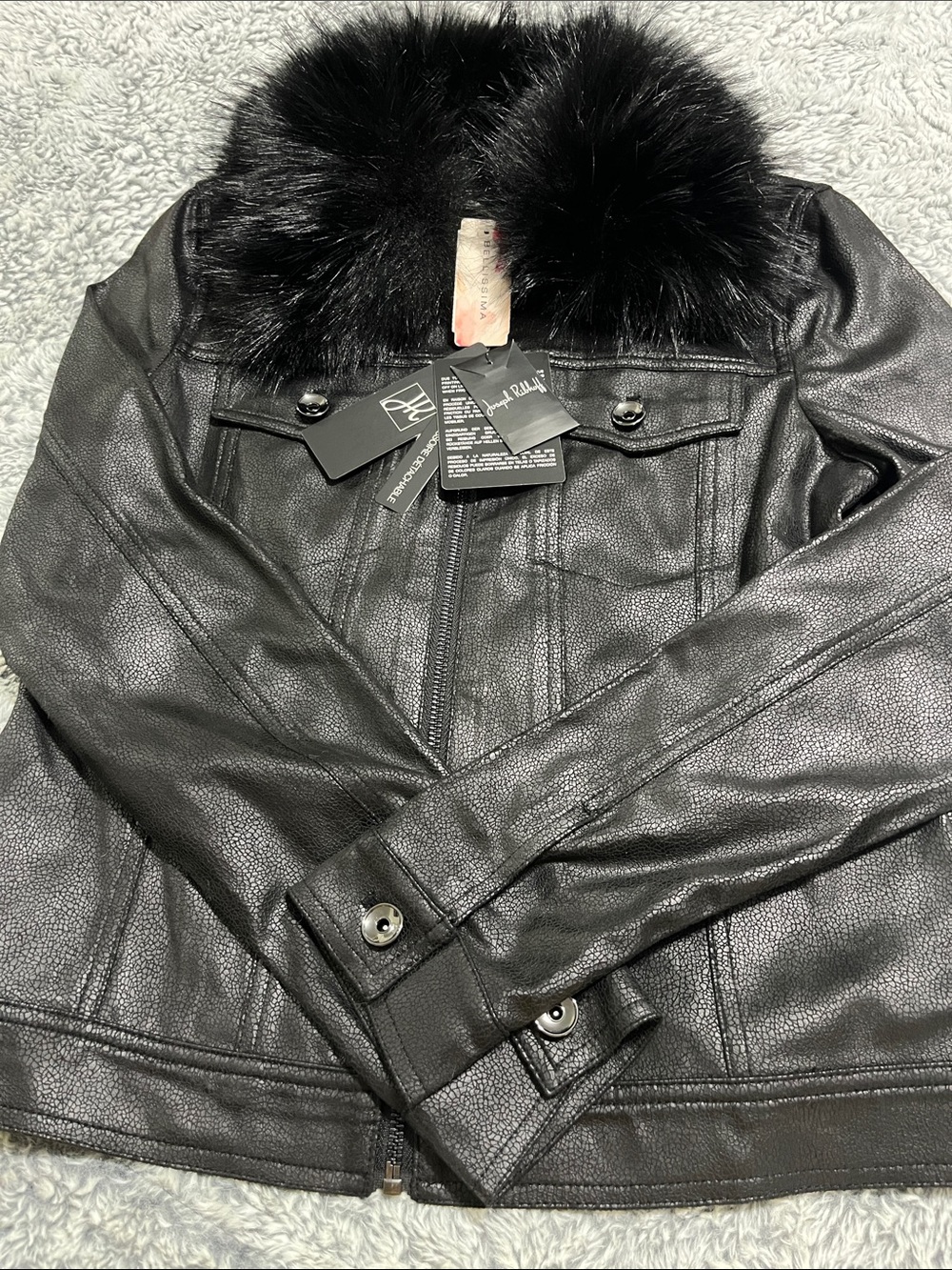 Joseph Ribkoff Black Faux Leather Jacket with Plush Black Collar